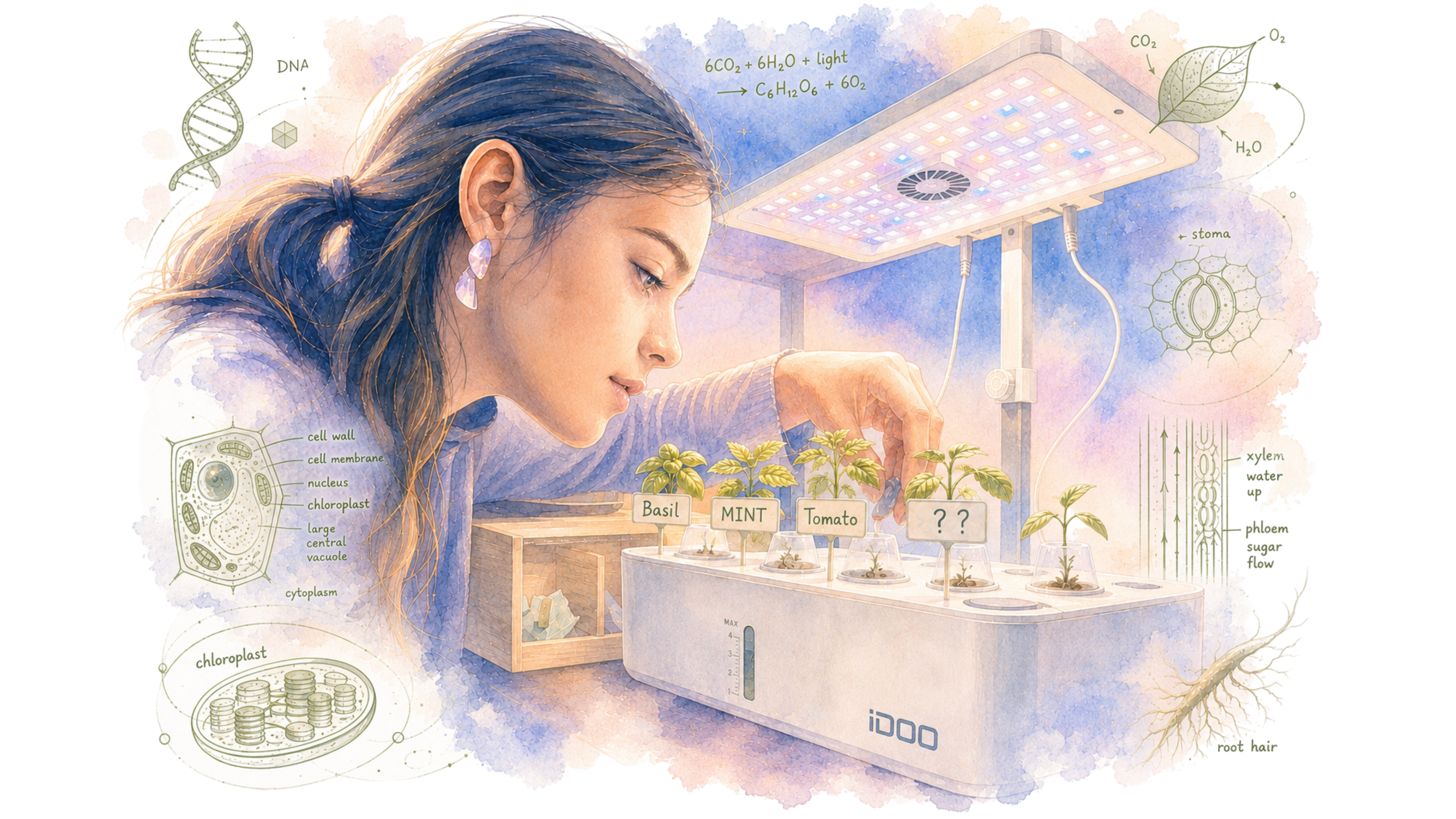 Watercolour illustration of a student tending hydroponic plants for an IB Biology Internal Assessment, surrounded by annotated diagrams of DNA, chloroplasts, and the photosynthesis equation.