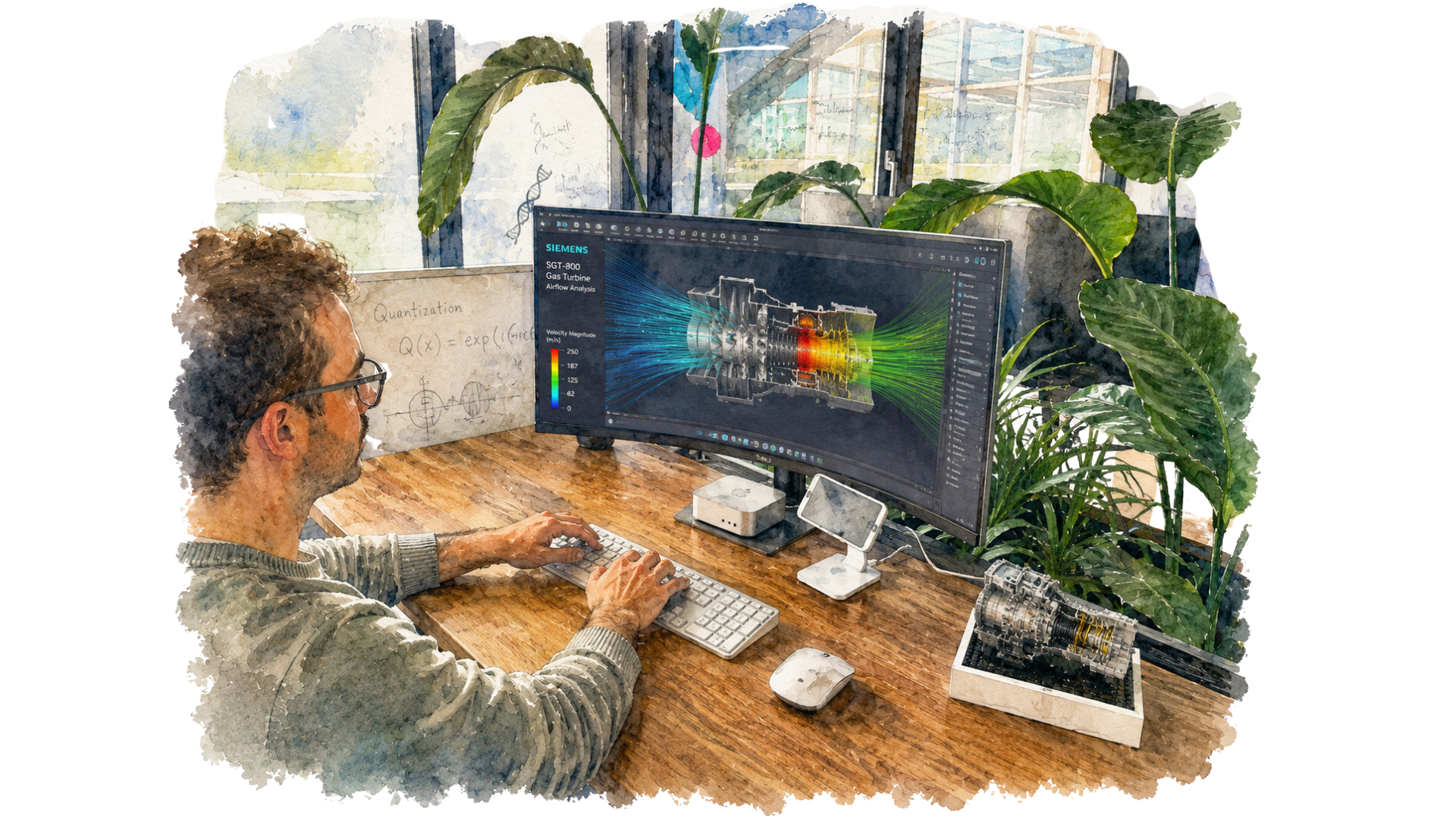 Watercolour illustration of a student working at a wide-screen workstation running engineering simulation software, in a quiet, plant-filled workspace at Omniscience headquarters.